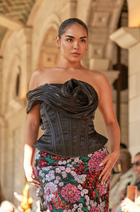 Strapless sculptural corset with draped neckline